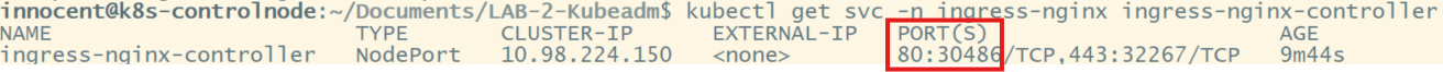Finding the real NodePort assigned to the ingress-nginx controller on the kubeadm cluster