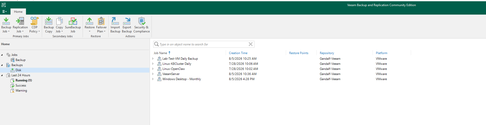The five live jobs, as seen in the Veeam Backup & Replication console